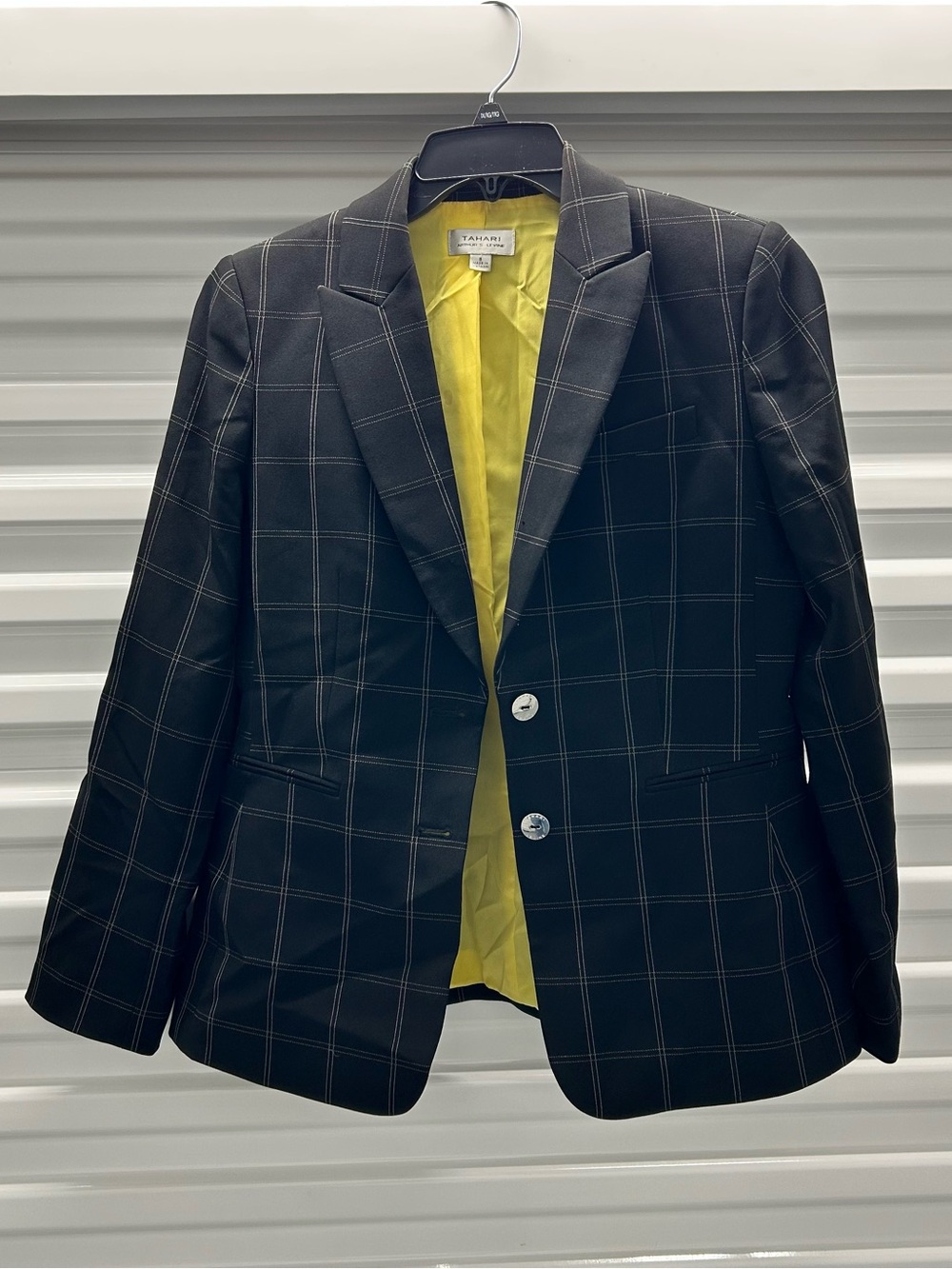 Tahari ASL Black Windowpane Blazer with Yellow Lining